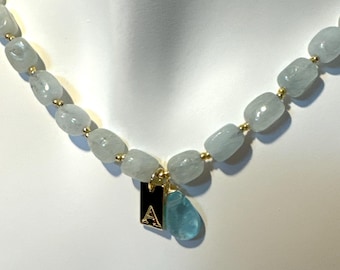 A Pendant Necklace — 18kt Gold-Plated "A" - Aquamarine and turquoise beads