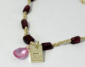 D Pendant Necklace — 18kt Gold-Plated "D" - Pink Topaz and Garnet Gemstones