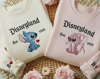 Broderad vintage Disneyland tröja est 1995, Stitch And Angel partröja, Disney-tröjor för par, Disneyland-tröja för par