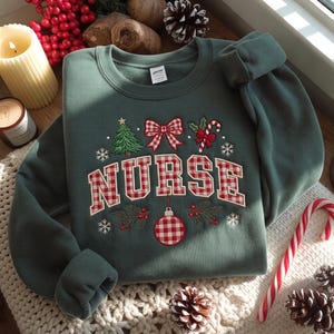 Nurse Christmas Embroidered Sweatshirt, Personalized Nurse Crewneck, Gingham Nurse Sweatshirt, Christmas Nurse Crewneck, Gift for Nurse