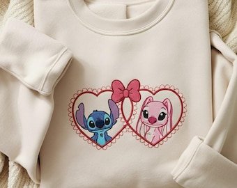 Sudadera con bordado de Stitch y ángel, camiseta de San Valentín de pareja de Disney, sudadera de pareja de Stitch, camiseta de Lilo y Stitch, camiseta de Stitch de Disney