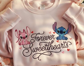 Forever Sweethearts Embroidered Sweatshirt, Stitch and Angel Sweatshirt, Disney Couple Sweatshirt, Matching Couples Gift, Valentine Gift