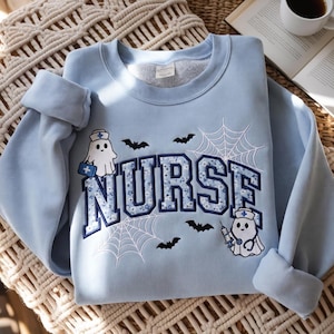 Embroidered Halloween Nurse Sweatshirt, Ghost Nurse Crewneck, Gingham Applique Shirt, Fall Nursing Sweatshirt, RN Gift