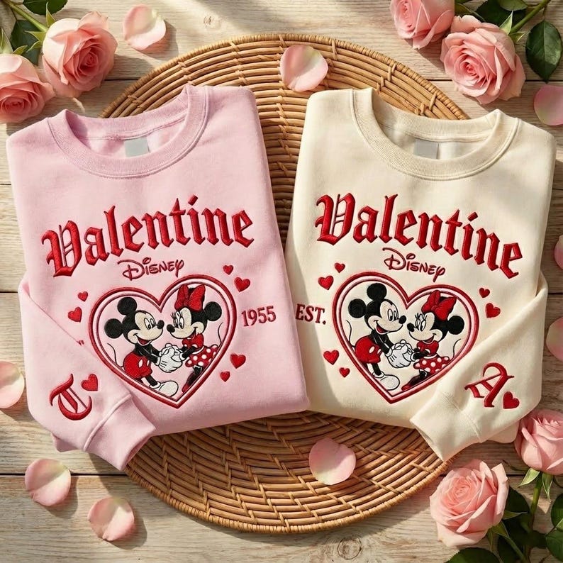 Puede incluir: Dos sudaderas de San Valent&iacute;n, una rosa y otra crema, con Mickey y Minnie Mouse en un dise&ntilde;o en forma de coraz&oacute;n. La palabra "Valentine" est&aacute; bordada en escritura roja sobre el logotipo de Disney. Las mangas tienen las letras "T" y "A".