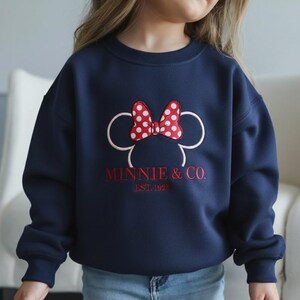Minnie & Co Est 1928 geborduurd sweatshirt, Minnie Mouse-sweater, familie Disneyland-shirt, Disney Magic Trip-shirt, kindersweater Navy