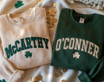 Nom de famille personnalisé brodé jour de la Saint-Patrick, sweat-shirt nom de famille Shamrock, sweat-shirt irlandais, sweat-shirt nom de famille irlandais