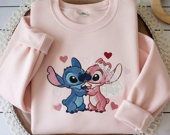 EMBROIDERED Stitch and Angel Couple Sweatshirt, Disney Couple Sweatshirt, Disney Valentine Sweatshirt, Matching Disney Sweatshirt