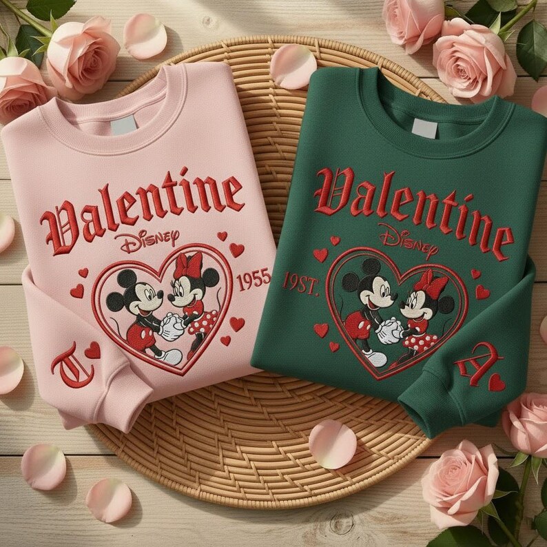 Puede incluir: Dos sudaderas, una rosa y otra verde, con un dise&ntilde;o de San Valent&iacute;n con Mickey y Minnie Mouse. La palabra "Valentine" est&aacute; bordada en rojo, junto con el logotipo de Disney y el a&ntilde;o 1955. Las mangas tienen letras bordadas.