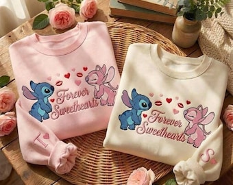 Embroidered Stitch and Angel Couple Sweatshirt, Forever Sweethearts Shirts, Disney Stitch Shirt, Disney Couple Shirts, Matching Couples Tee