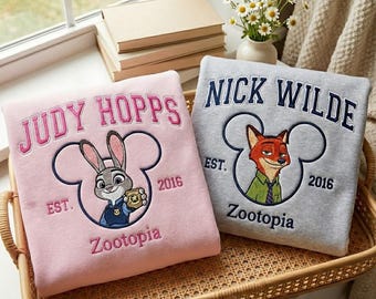 Bluza z haftem Disney Zootopia, bluza dla pary Judy i Nicka, koszulki dla par Disney, pasujące koszulki Disney, prezenty na Walentynki