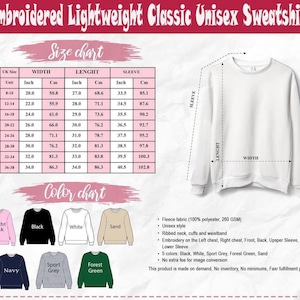 以下が含まれることがあります： サイズとカラーチャート付きの白いユニセックススウェットシャツ。サイズチャートはインチとセンチメートルで測定値を表示します。利用可能な色は、黒、白、スポーツグレー、フォレストグリーン、サンド、ライトピンク、ネイビーです。スウェットシャツはフリース生地で作られています。