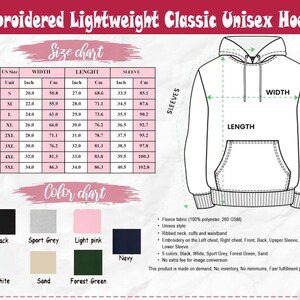 May include: A white graphic showing a hoodie with measurements in inches and centimeters. The size chart includes width, length, and sleeve measurements for sizes S to 5XL. Color options are black, white, sport grey, light pink, navy, sand, and forest green.