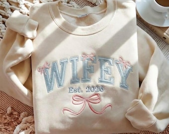 Sweat-shirt brodé femme Est 2026, sweat-shirt femme coquette avec nœud, sweat-shirt mariage personnalisé, col rond mariée, cadeau pour jeunes mariés