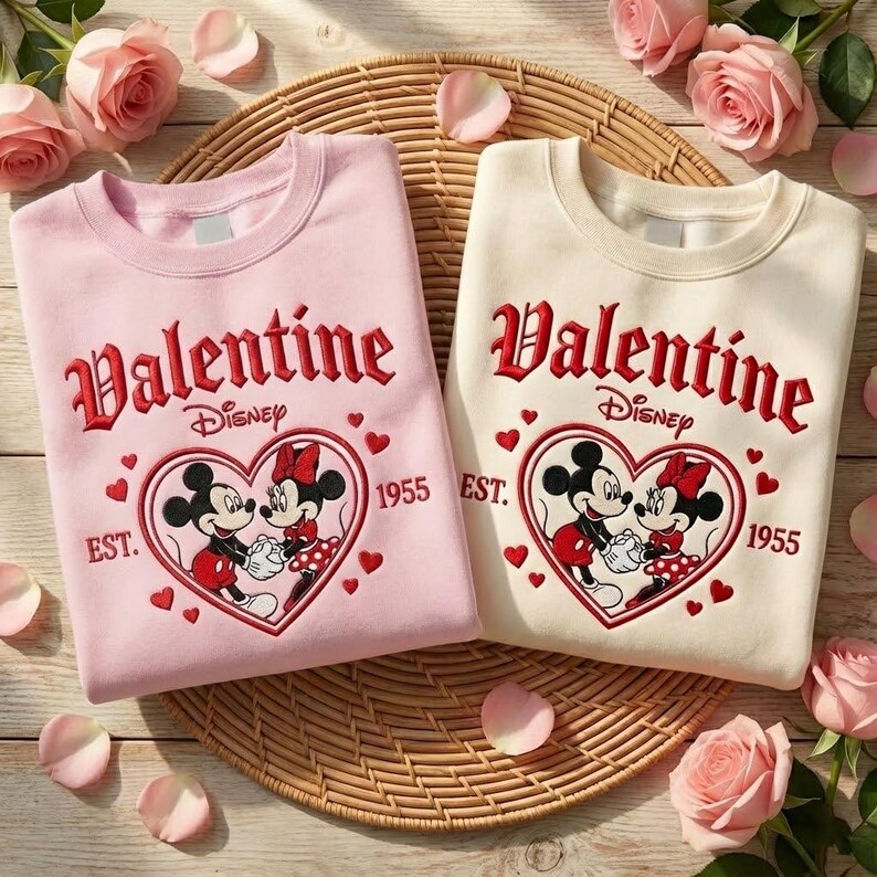 Puede incluir: Dos sudaderas, una rosa y otra crema, con un dise&ntilde;o de San Valent&iacute;n. Cada sudadera tiene la palabra "Valentine" en escritura roja, el logo de Disney y un coraz&oacute;n con Mickey y Minnie Mouse. P&eacute;talos de rosa rosa rodean las sudaderas.
