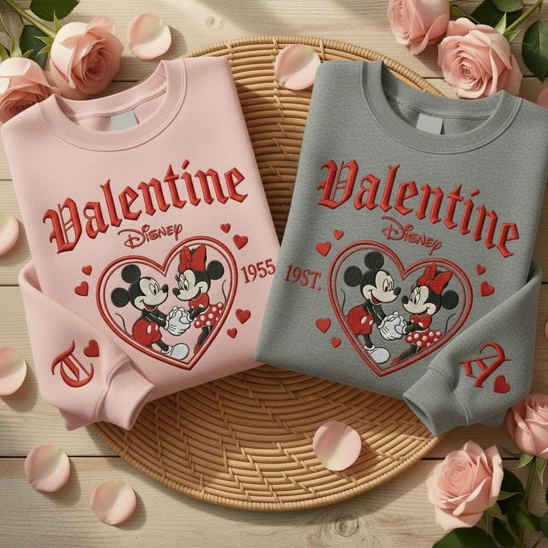 Puede incluir: Dos sudaderas, una rosa y otra gris, con un dise&ntilde;o de San Valent&iacute;n. El dise&ntilde;o incluye la palabra "Valentine" en escritura roja, el logotipo de Disney y una imagen en forma de coraz&oacute;n de Mickey y Minnie Mouse. Las mangas tienen una letra y un coraz&oacute;n.