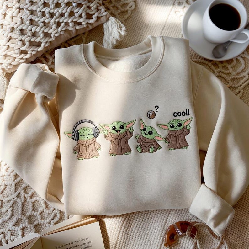 May include: Cream-colored sweatshirt featuring a graphic of four Grogu characters in various poses. One Grogu wears headphones, another has a question mark above its head, and the last one says "cool!".