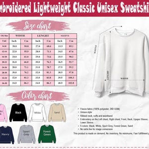 Op de afbeelding: Wit unisex sweatshirt met maat- en kleurentabellen. De maattabel toont afmetingen in inches en centimeters. Beschikbare kleuren zijn zwart, wit, sportgrijs, bosgroen, zand, lichtroze en marineblauw. De sweatshirt is gemaakt van fleece stof.