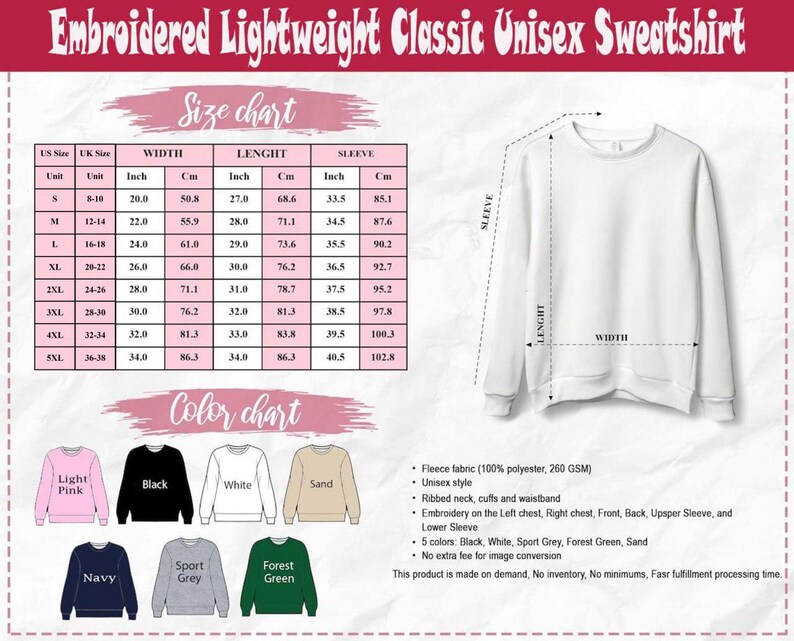 Op de afbeelding: Wit unisex sweatshirt met maat- en kleurentabellen. De maattabel toont afmetingen in inches en centimeters. Beschikbare kleuren zijn zwart, wit, sportgrijs, bosgroen, zand, lichtroze en marineblauw. De sweatshirt is gemaakt van fleece stof.