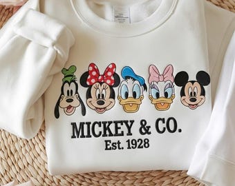Embroidered Mickey And Co Sweatshirt, Vintage Mickey Est 1928 Sweatshirt, Mickey and Friends Shirt, Retro Disney Shirt, Disney Trip Shirt