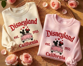 Felpa vintage ricamata Disneyland est 1955, felpa con coppia Topolino e Minnie, magliette per coppie Disneyland, magliette Disney abbinate