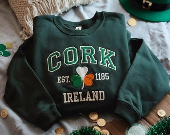 Embroidered Cork Ireland Sweatshirt, Irish Shamrock Sweatshirt, Crewneck, St Patrick’s Day Irish Sweatshirt, St. Patrick's Day Gift
