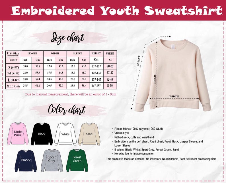 May include: A cream-colored youth sweatshirt with a size chart and color options. The size chart shows measurements in inches and centimeters. Color options include light pink, black, white, sand, navy, sport grey, and forest green.
