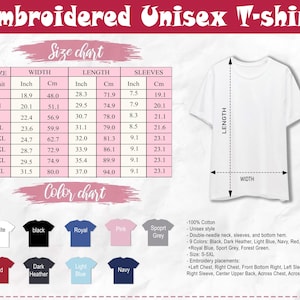 以下が含まれることがあります： サイズとカラーチャート付きの白いユニセックスTシャツ。サイズチャートは、Sから5XLまでのサイズのインチとセンチメートルでの測定値を表示します。カラーチャートは、黒、ロイヤルブルー、赤などのオプションを表示します。シャツは綿100％です。