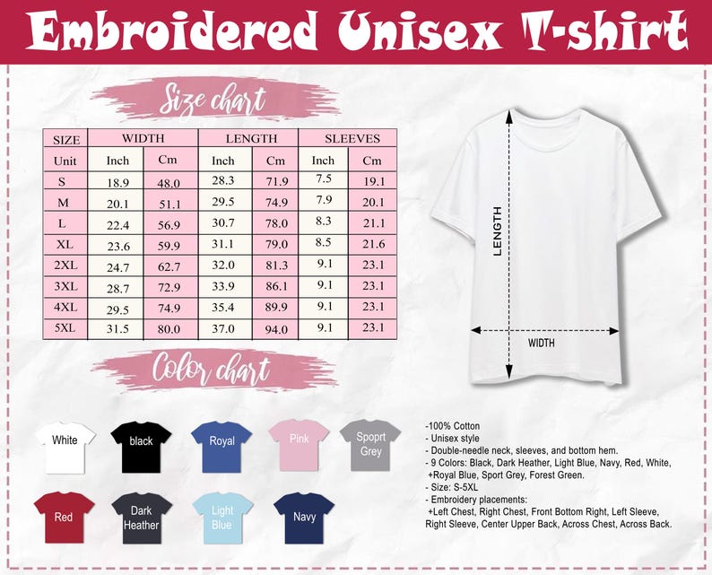 以下が含まれることがあります： サイズとカラーチャート付きの白いユニセックスTシャツ。サイズチャートは、Sから5XLまでのサイズのインチとセンチメートルでの測定値を表示します。カラーチャートは、黒、ロイヤルブルー、赤などのオプションを表示します。シャツは綿100％です。