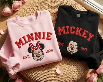 Felpa con coppia di Topolino e Minnie ricamata, felpa vintage Disneyland est 1928, felpa con coppia Disneyland, regalo di San Valentino