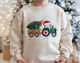 Gesticktes Kinderweihnachtstraktor-Sweatshirt, Traktor-Pullover, Kleinkind-Traktor-Sweatshirt, Weihnachtsbaum-Sweatshirt, Traktor-Weihnachtshemd gestickt