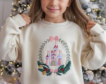 EMBROIDERED Coquette Bow Christmas Sweatshirt, Disney Castle Christmas Shirt, Family Christmas Tee, Disney Holiday Shirt, Girl Disney Shirt