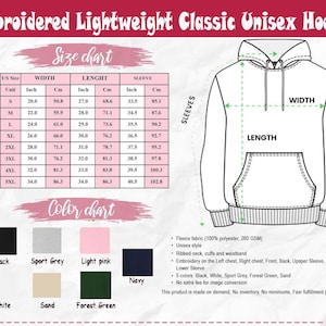 以下が含まれることがあります： 刺繍入りの軽量クラシックユニセックスパーカー。サイズチャートはインチとセンチメートルで表示。黒、白、スポーツグレー、ライトピンク、ネイビー、サンド、フォレストグリーンがあります。フリース生地、ユニセックススタイル、リブ編みの袖口、刺繍が特徴です。