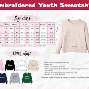 以下が含まれることがあります： サイズとカラーチャート付きのユーススウェットシャツの画像。サイズチャートにはインチとセンチメートルでの測定値が含まれています。カラーチャートは、ライトピンク、ブラック、ホワイト、サンド、ネイビー、スポーツグレー、フォレストグリーンのスウェットシャツを表示しています。