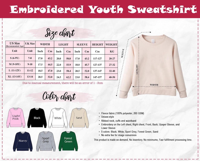 以下が含まれることがあります： サイズとカラーチャート付きのユーススウェットシャツの画像。サイズチャートにはインチとセンチメートルでの測定値が含まれています。カラーチャートは、ライトピンク、ブラック、ホワイト、サンド、ネイビー、スポーツグレー、フォレストグリーンのスウェットシャツを表示しています。