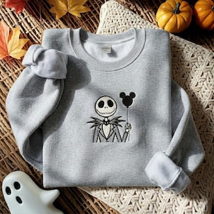 Embroidered Jack Skellington Balloon Sweatshirt, Nightmare Before Christmas Sweatshirt, Spooky Season Shirt, Disneyworld Halloween Shirt Sport Grey