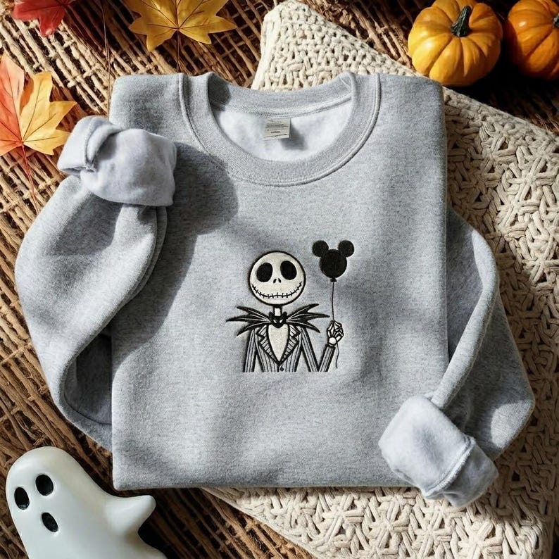 Embroidered Jack Skellington Balloon Sweatshirt, Nightmare Before Christmas Sweatshirt, Spooky Season Shirt, Disneyworld Halloween Shirt Sport Grey