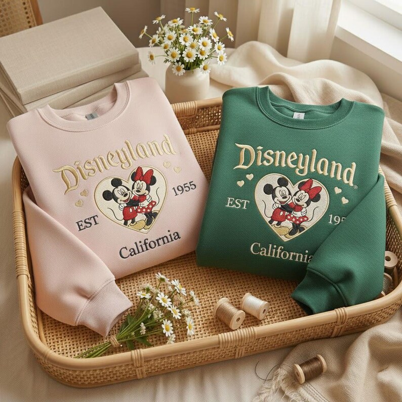 May include: Two sweatshirts, one pink and one green, are displayed in a woven basket. Both feature the embroidered word "Disneyland" in gold script, along with a heart-shaped graphic of Mickey and Minnie Mouse. The text "EST 1955 California" is also embroidered.