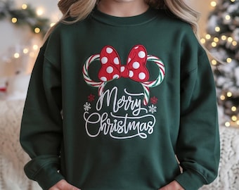 Sudadera navideña de Minnie con bordado de menta, sudadera navideña de Minnie, camiseta navideña con bastón de caramelo, camiseta navideña de Minnie, camiseta infantil