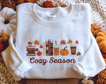 Embroidered Cozy Season Sweatshirt, Autumn Sweatshirt, Fall Sweatshirt, Cozy Autumn Shirt, Autumn Leaves Sweatshirt, Fall Embroidered Shirt