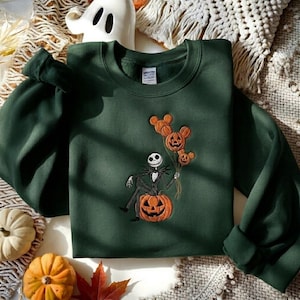 Embroidered Jack Skellington Halloween Sweatshirt, Nightmare Before Christmas Sweatshirt, Spooky Season Gift, Disneyworld Halloween Shirt Forest Green