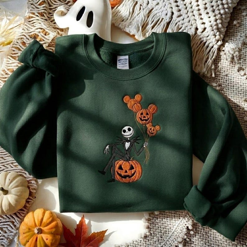 Embroidered Jack Skellington Halloween Sweatshirt, Nightmare Before Christmas Sweatshirt, Spooky Season Gift, Disneyworld Halloween Shirt Forest Green