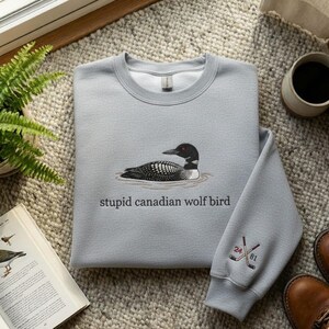 May include: A light gray sweatshirt featuring an embroidered loon design with the text "stupid canadian wolf bird". The sleeve has embroidered hockey sticks and the numbers 24 and 81. The sweatshirt is on a textured surface.