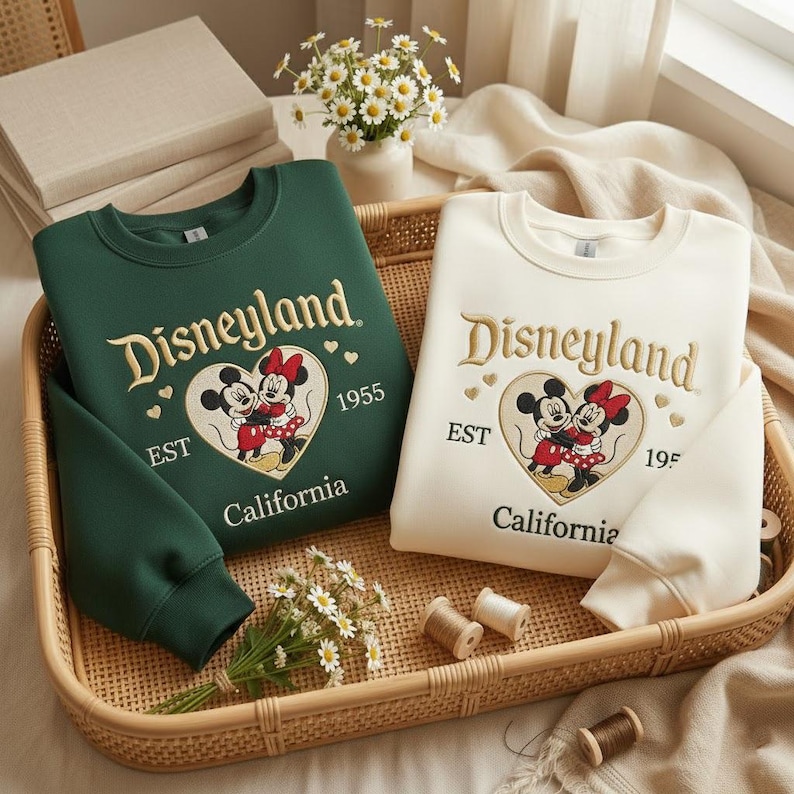 May include: Two sweatshirts with the Disneyland logo embroidered in gold. One is dark green, the other is cream. Both have a heart with Mickey and Minnie Mouse, the text "EST 1955 California". They are in a woven basket.