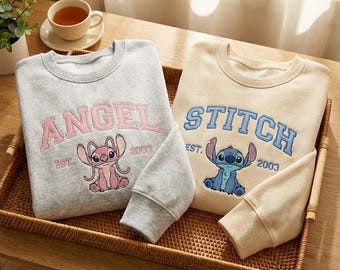 Embroidered Stitch And Angel Couple Sweatshirt, Disney Stitch Sweatshirt, Stitch Fan Gift, Disney Couples Shirts, Disneyland Trip Sweatshirt