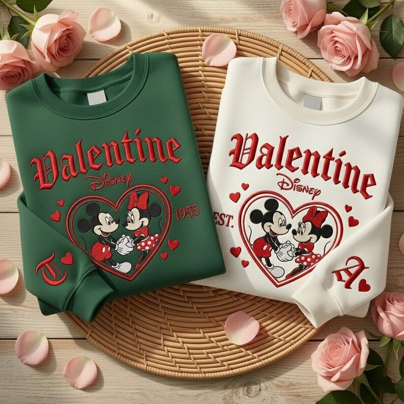 Puede incluir: Dos sudaderas, una verde y otra blanca, con un dise&ntilde;o de San Valent&iacute;n con Mickey y Minnie Mouse. La palabra "Valentine" est&aacute; bordada en rojo, junto con corazones y el logo de Disney. Las sudaderas est&aacute;n sobre una bandeja tejida con p&eacute;talos de rosa.