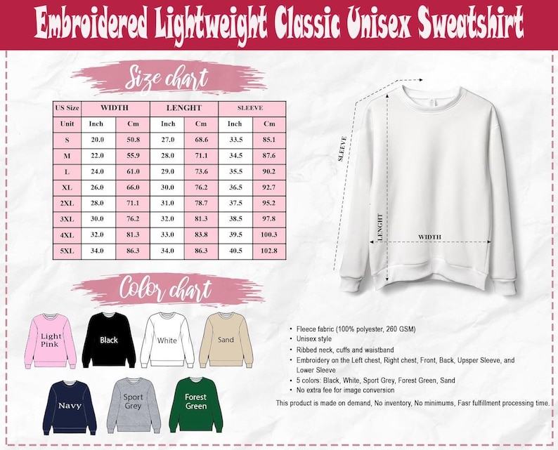 May include: White unisex sweatshirt with size and color charts. The size chart shows measurements in inches and centimeters. Available colors include light pink, black, white, sand, navy, sport grey, and forest green. The sweatshirt has a ribbed neck, cuffs, and waistband.
