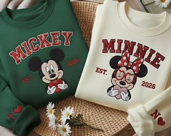 Sweat-shirt pour couple Mickey et Minnie brodé, sweat-shirt pour couple Disney, chemises de famille assorties, sweat-shirts pour couple assortis