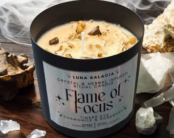 Flame of Focus Ritual Candle | Tiger’s Eye Crystal Candle with Damson Jam | Clarity, Calm & Mental Strength