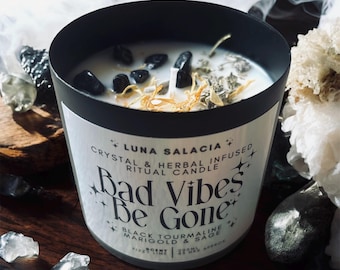 Bad Vibes Be Gone Ritual Candle | Black Tourmaline, Sage & Marigold | Energy Cleansing and Protection Spell Candle