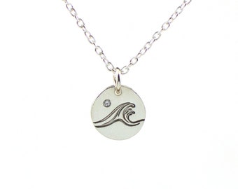 Sterling Silver Wave Necklace with Birthstone - Beach Jewelry